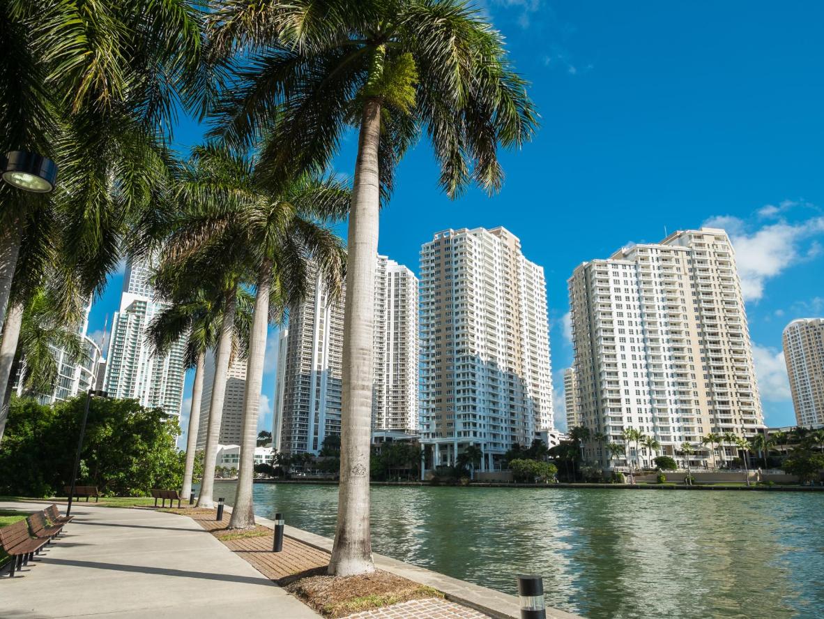 Genießen Sie einen Spaziergang in der Sonne durch die Innenstadt von Miami in der Biscayne Bay