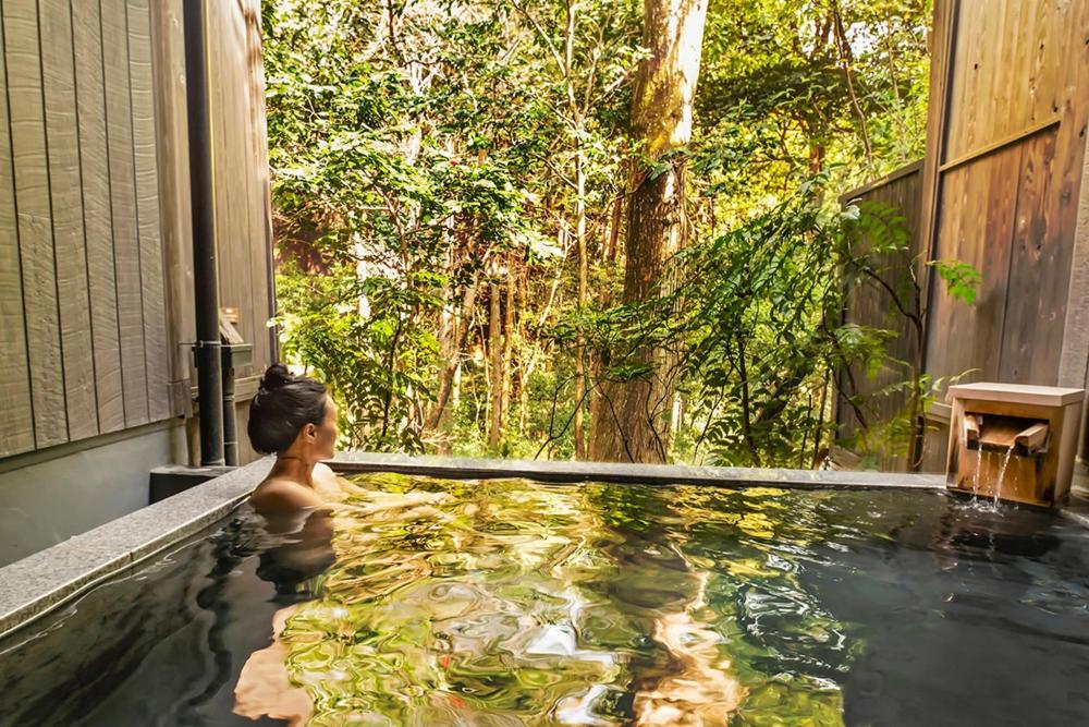 A woman relaxes in an onsen surrounded by greenery of Hakone