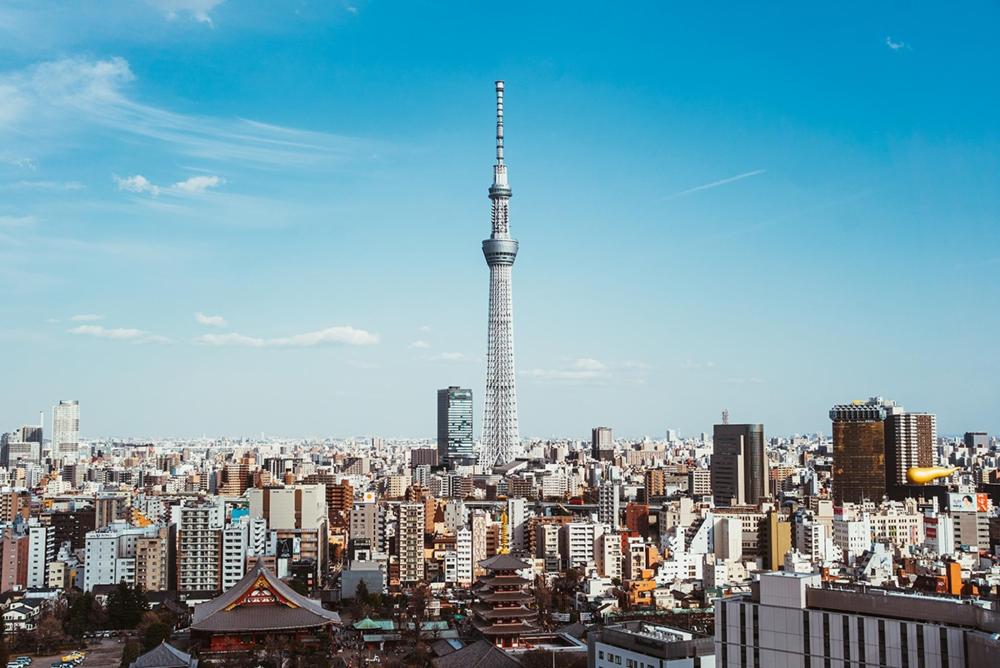 A panoramic view of the Tokyo skyline featuring the Tokyo Skytree towering above the cityscape from a high vantage point.