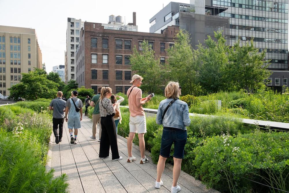 People strolling along the elevated High Line in the city, surrounded by urban scenery and greenery