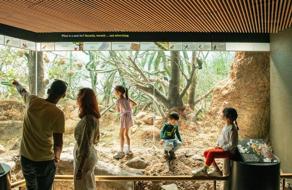 A family observes an exhibit at the Bronx Zoo, engaging with the wildlife on display.
