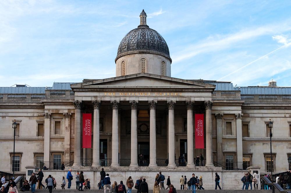 The National Gallery of Art in London, showcasing a grand architectural design and a collection of classic artworks.