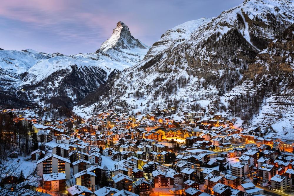 A winter view of the Matterhorn in Zermatt, showcasing its majestic peak surrounded by snow-covered landscapes.