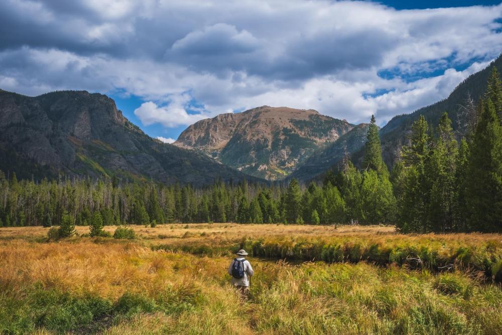 A man strolls through a field in Denver, Colorado, with majestic mountains rising in the background.