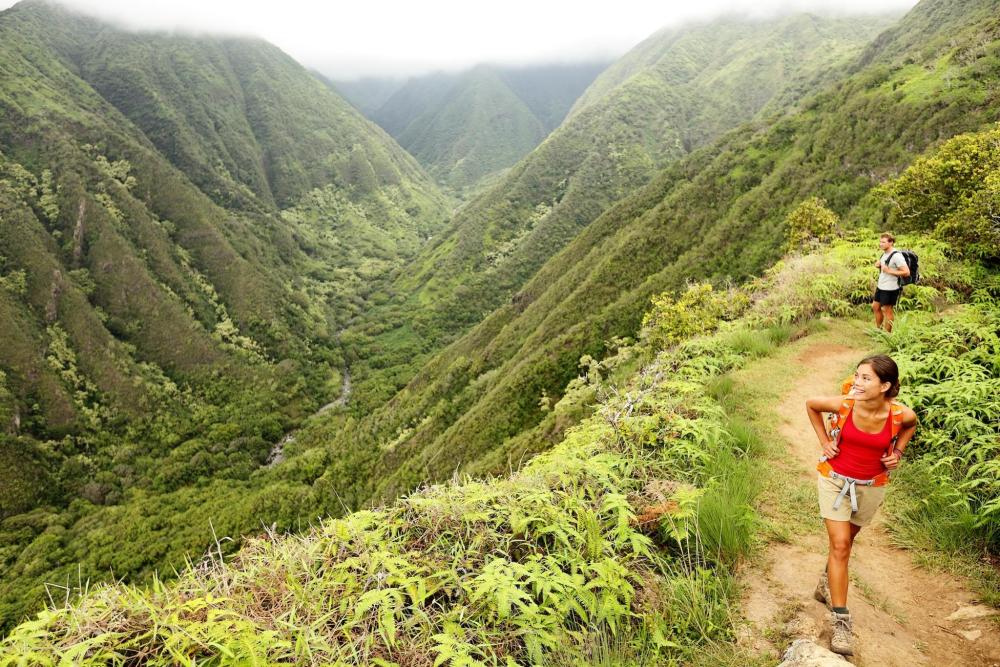 Two hikers navigate a scenic mountain trail in Maui, Hawaii, surrounded by lush greenery and stunning views.
