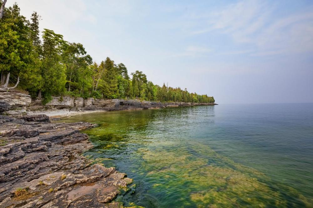 Rocky shoreline with trees adjacent to Lake Michigan in Wisconsin, highlighting the natural beauty of the landscape.