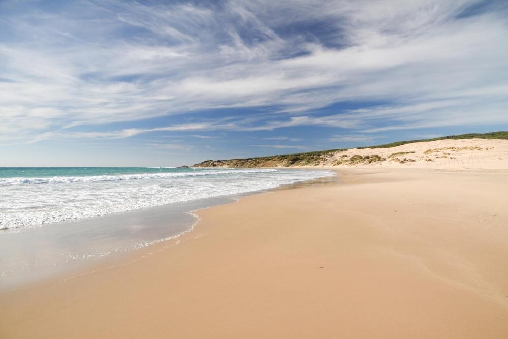A sandy beach at Calas de Conil, Cádiz, with gentle waves and a blue, cloudy sky above