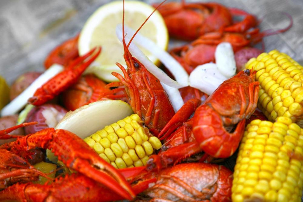 A bowl filled with crawfish, corn, and potatoes, showcasing a vibrant Creole cuisine dish