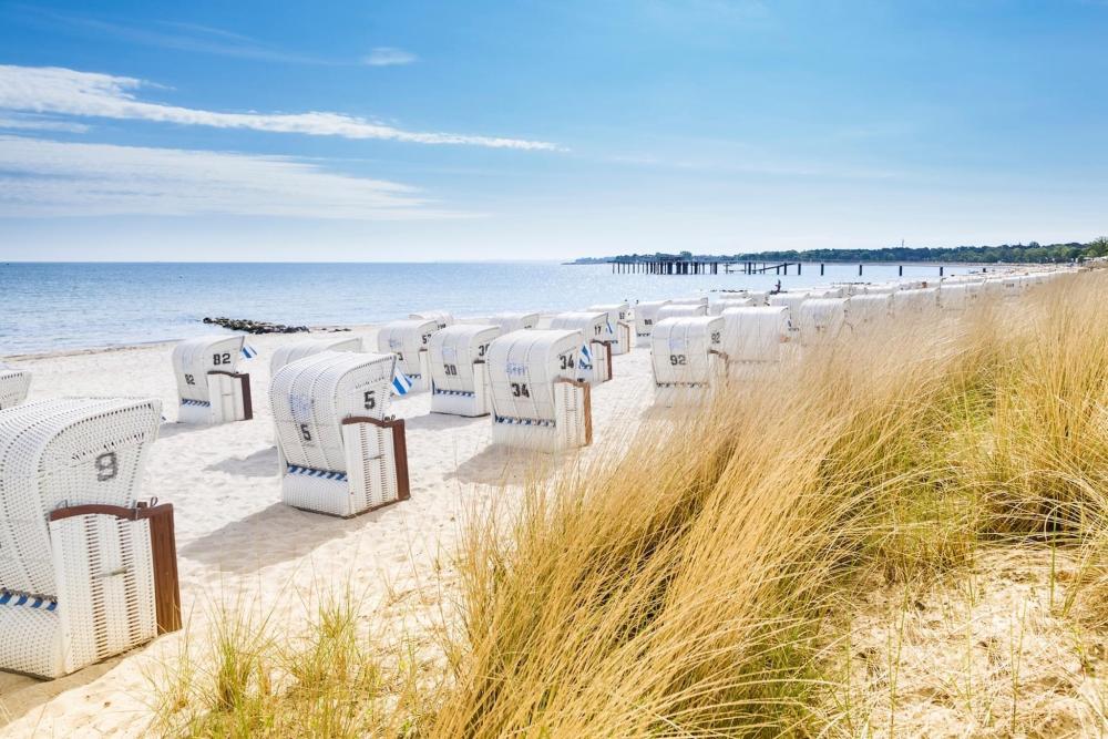 A row of white Strandkörbe, set against a sunny beach backdrop on a beach in Germany