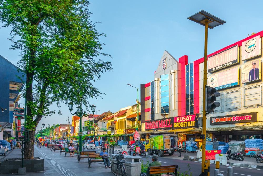 A tree stands prominently to the side of a street in Malioboro, surrounded by urban scenery
