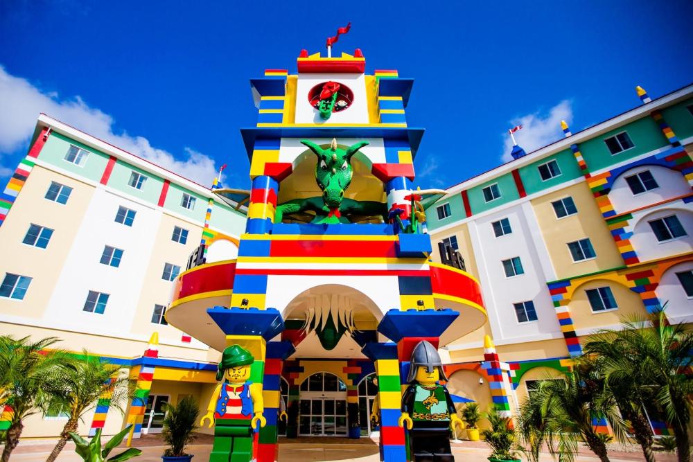 A colourful LEGO hotel at LEGOLAND® Florida Resort, showcasing intricate brick designs and family-friendly architecture