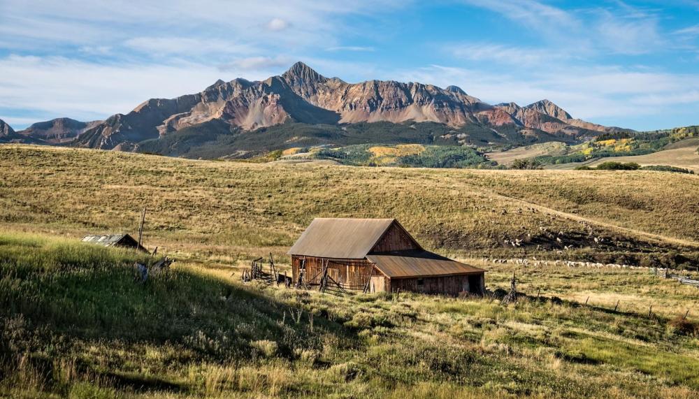An old wooden cabin stands alone in a field, with Mount Wilson rising in the background
