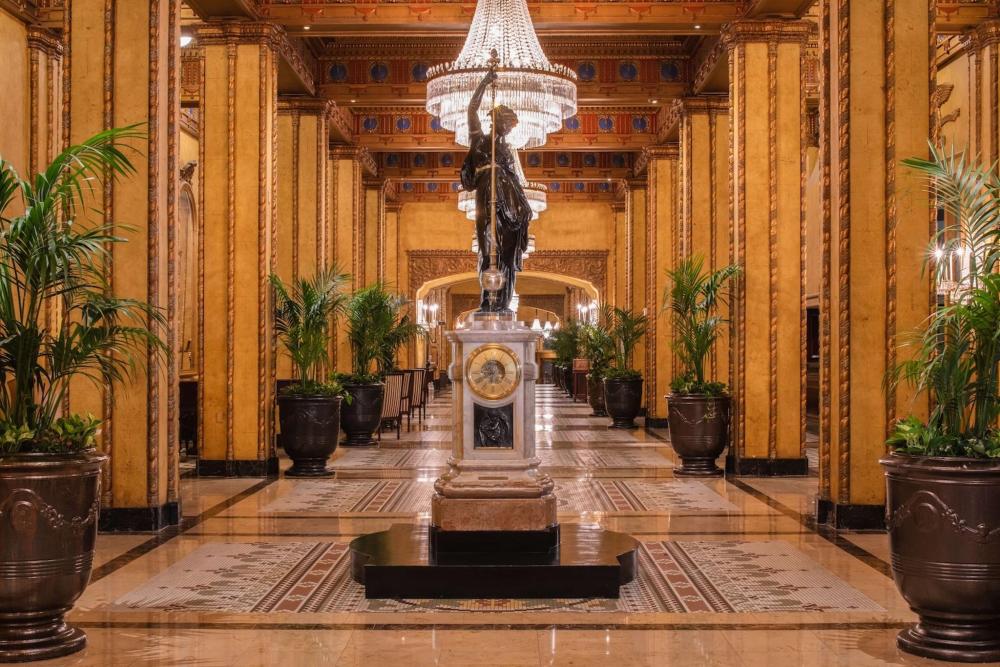 The Roosevelt Hotel New Orleans – a Waldorf Astoria hotel showcases its elegant architecture including a glass chandelier