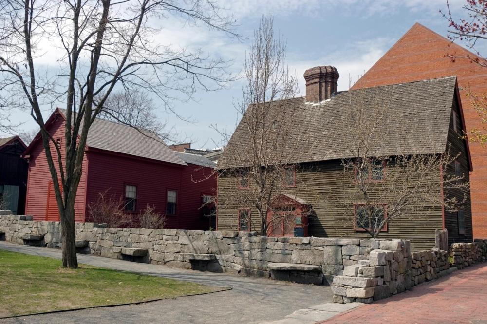 Stone wall of the Samuel Pickman House at the Peabody Essex Museum in Salem, showcasing historic architecture