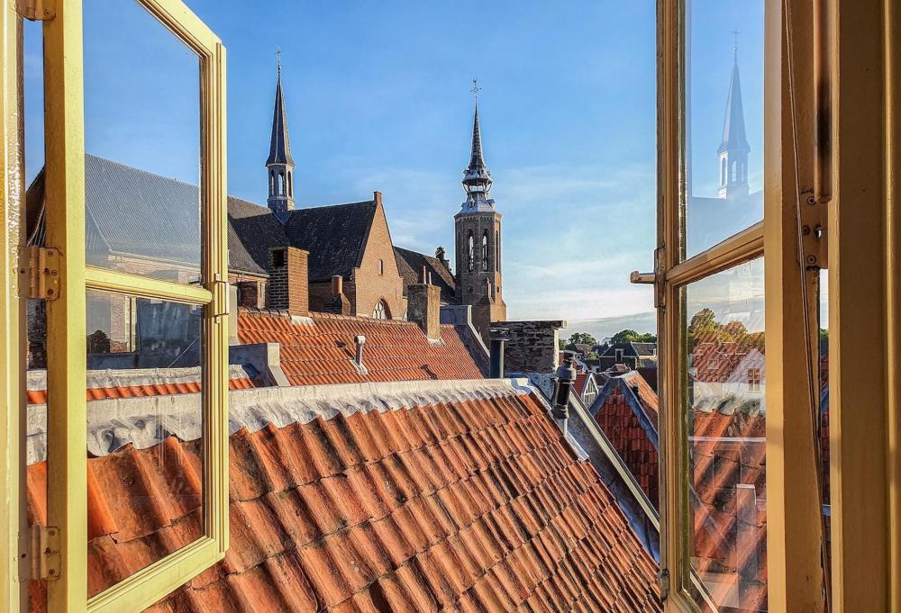 View of a church in Utrecht seen through a window, showcasing its architecture and surrounding scenery.