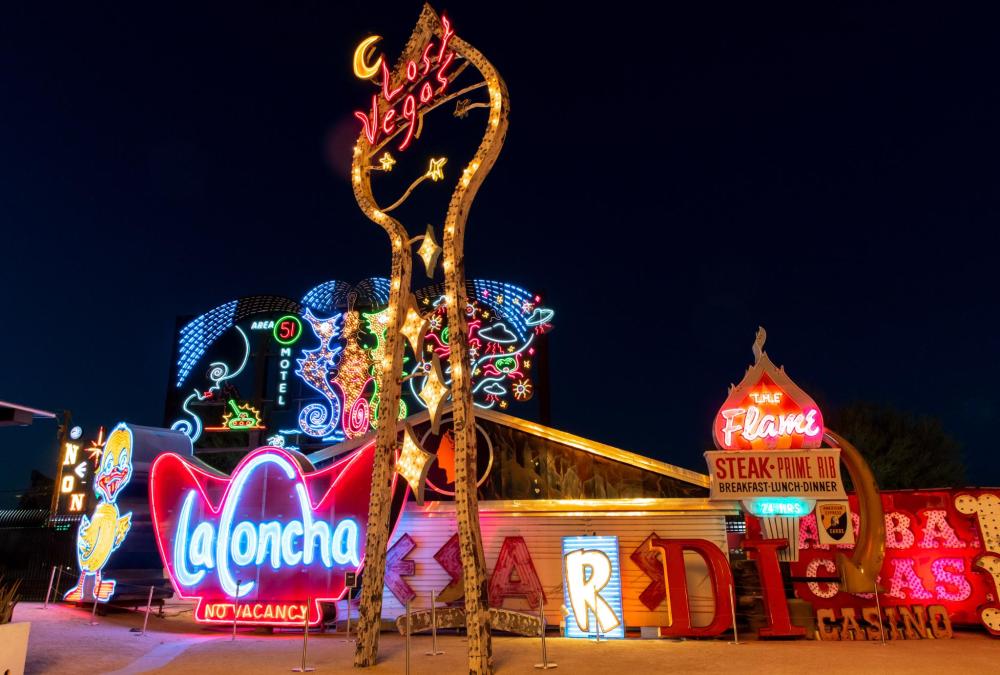 Vintage neon signs glowing at night in Las Vegas