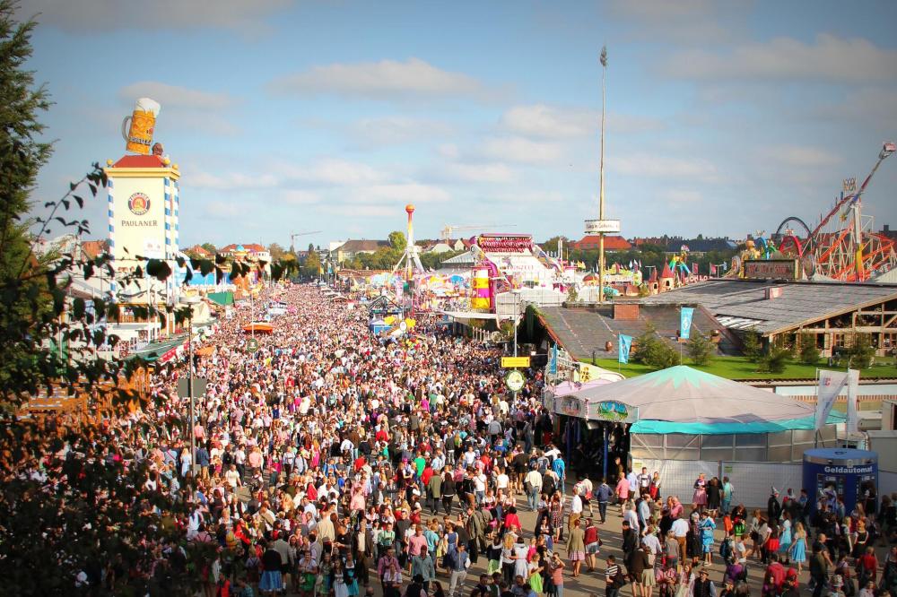Crowds filling the Oktoberfest festival grounds in Munich