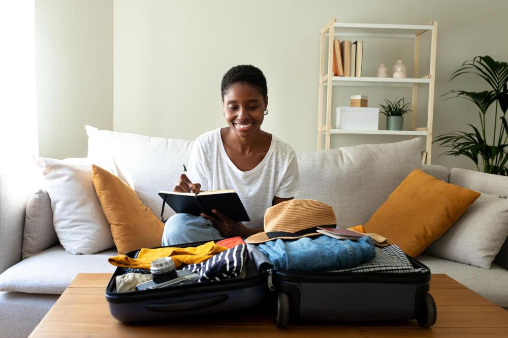 A woman smiling while checking her packing list beside a packed suitcase on a coffee table.