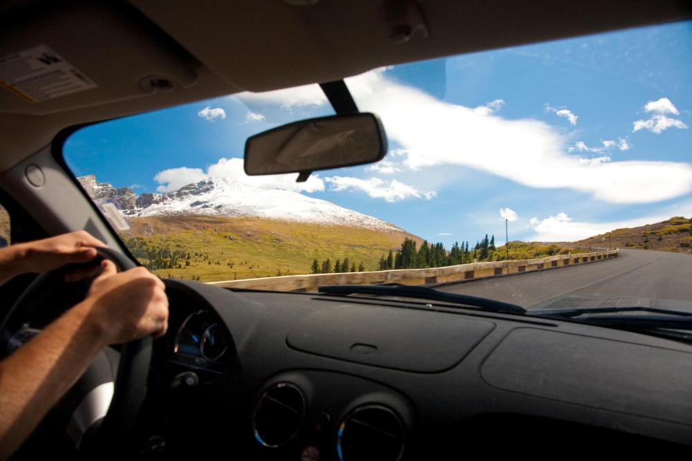 View from a car driving through the Colorado Rockies
