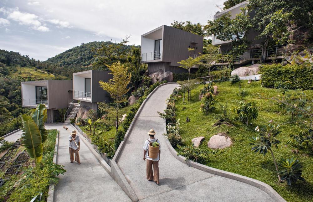 A person walking down a path at a resort