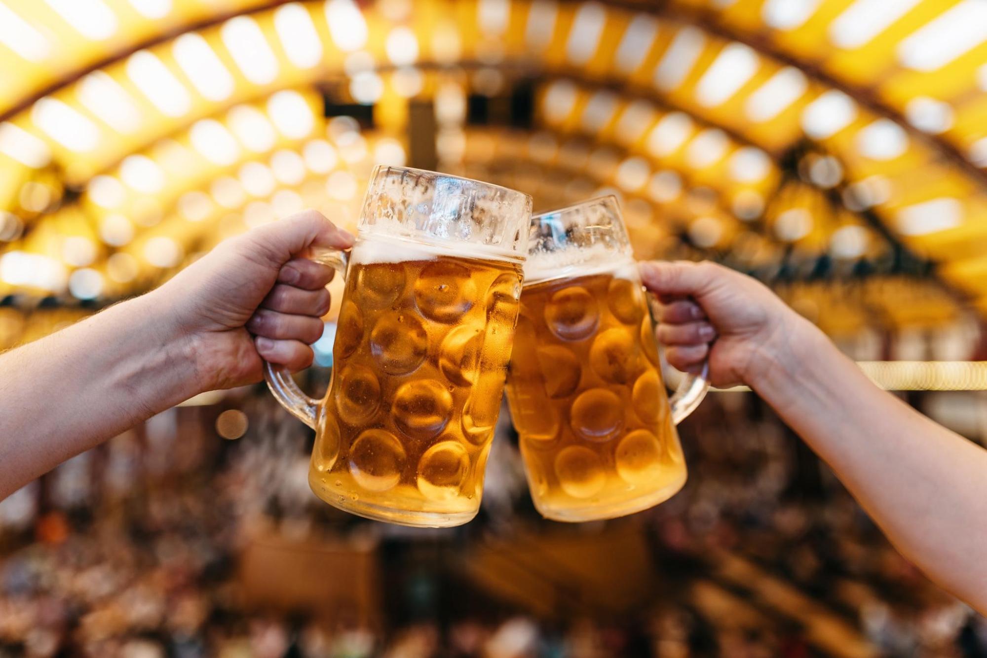 Two beer festival-goers toasting their steins