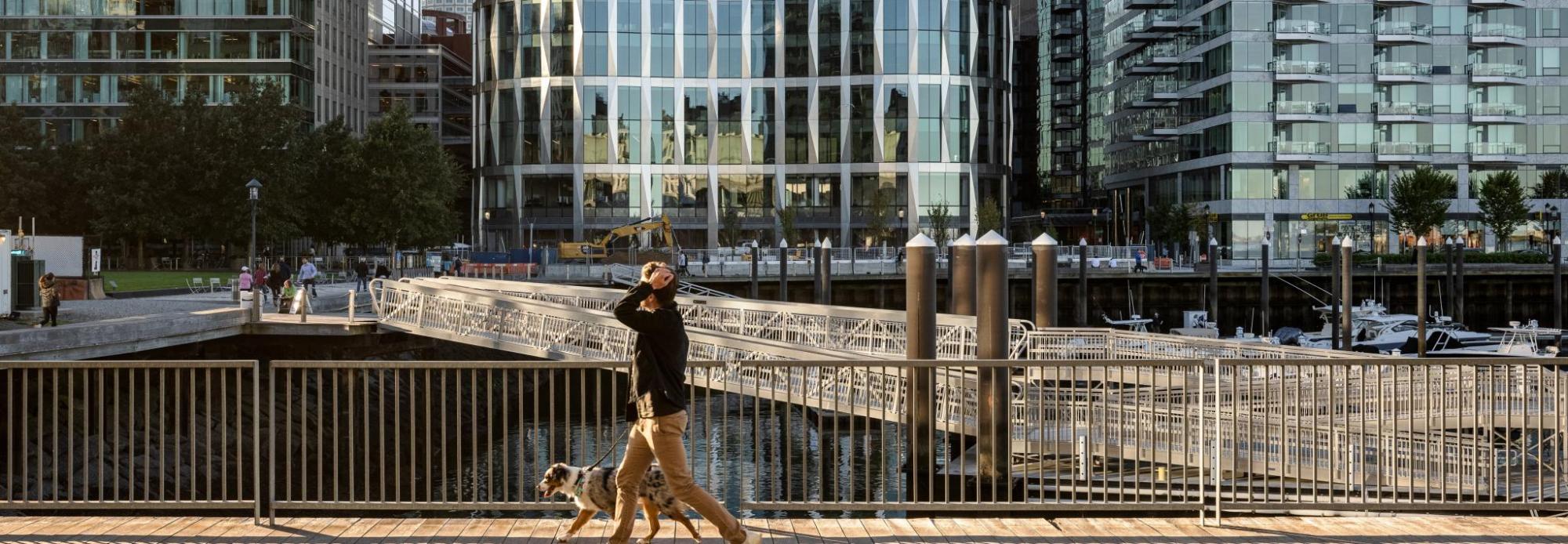A man and his dog on bridge with Boston cityscape behind