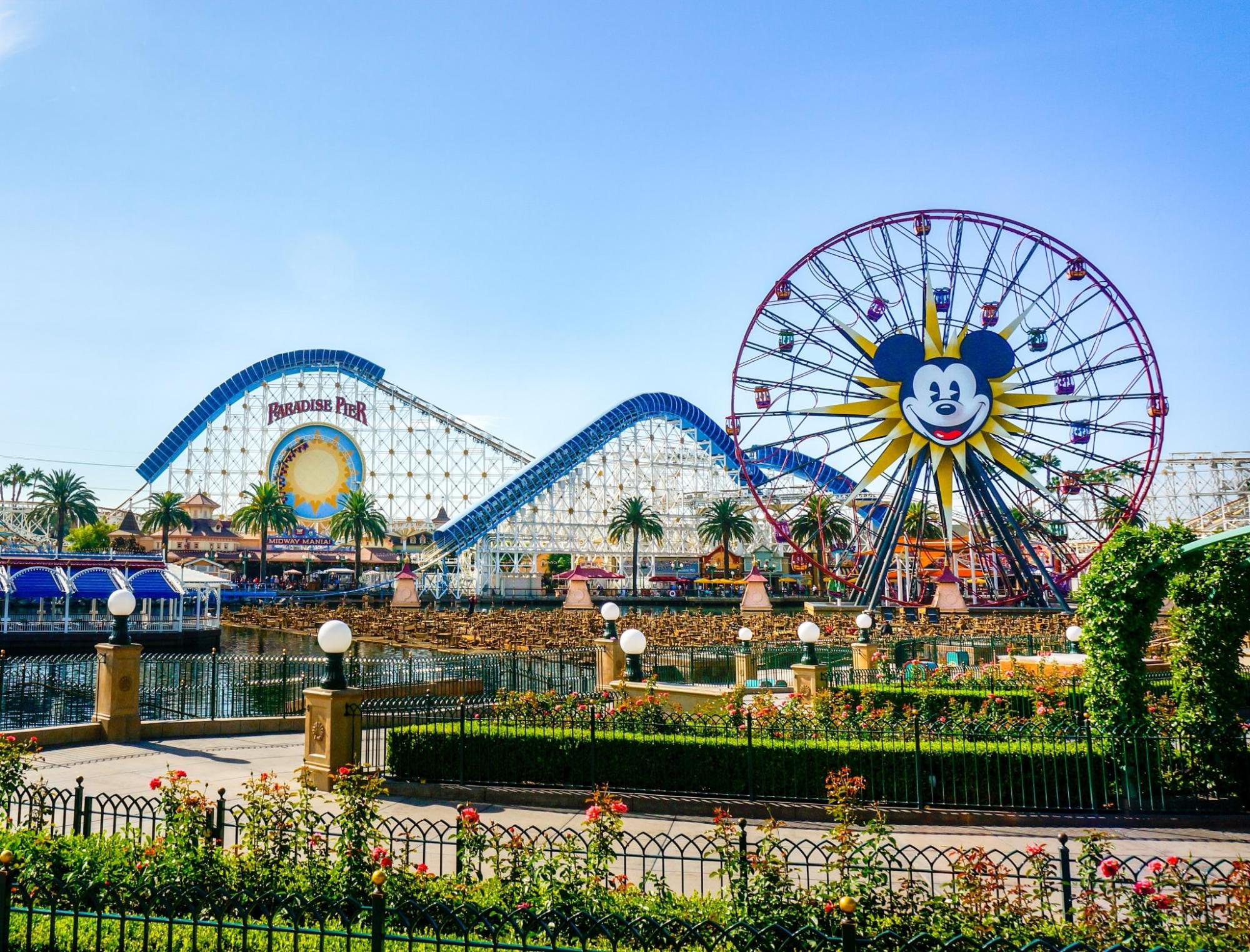 Disneyland's Pixar Pier Ferris Wheel against a blue sky