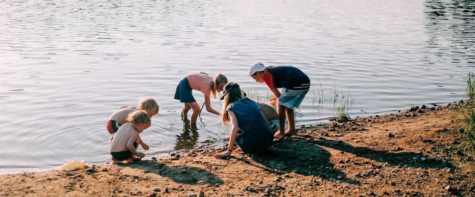 Five children playing in the water at a body of water