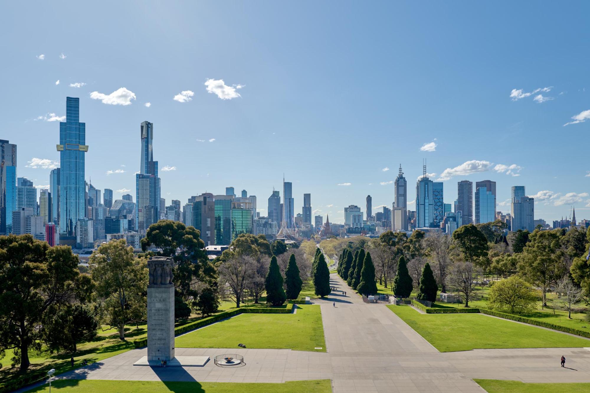 Melbourne skyline and CBD park view on a sunny day