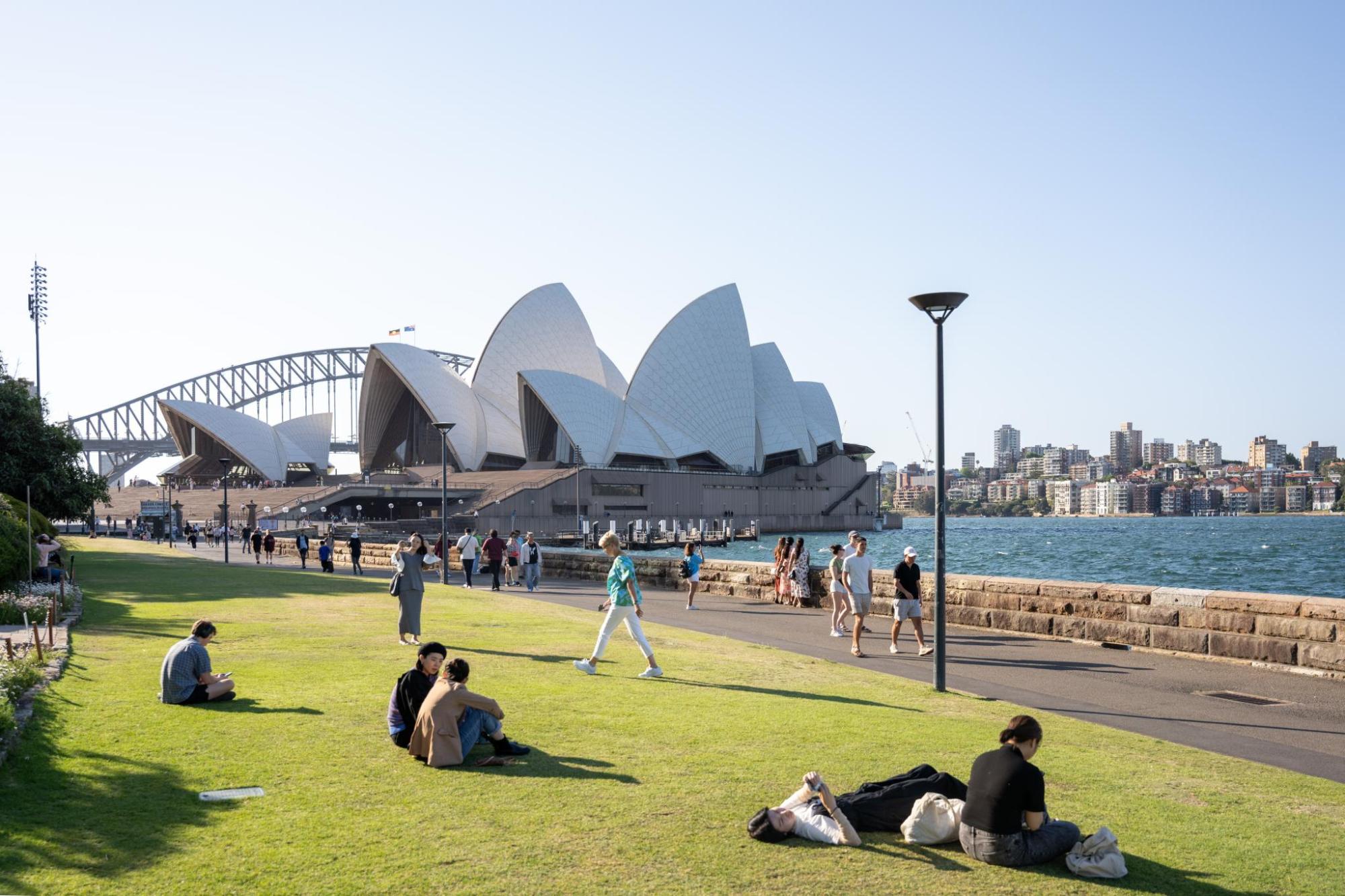 Sydney Opera House and Harbour Bridge seen from a park.