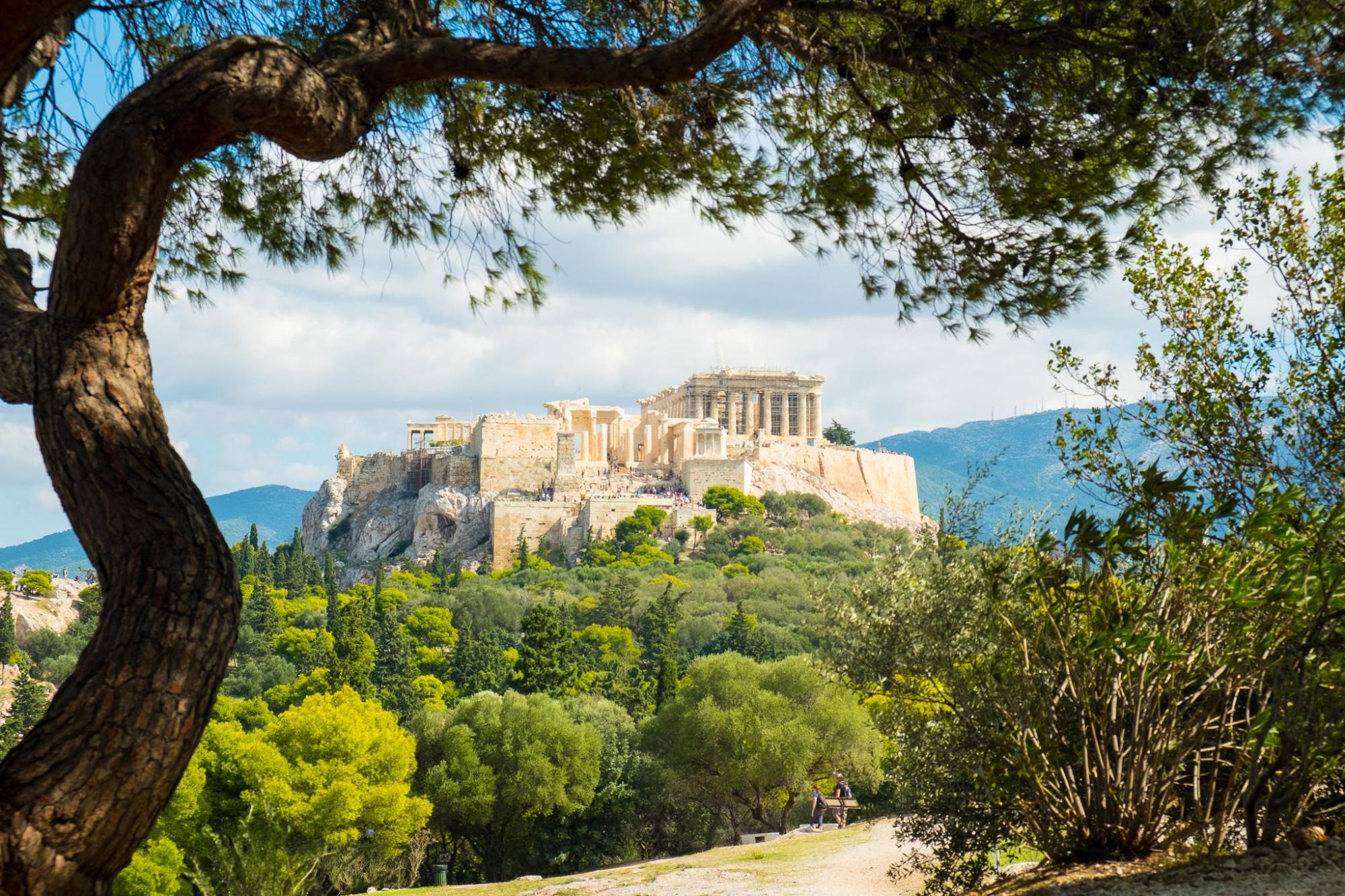 View of the Acropolis in Athens surrounded by green trees