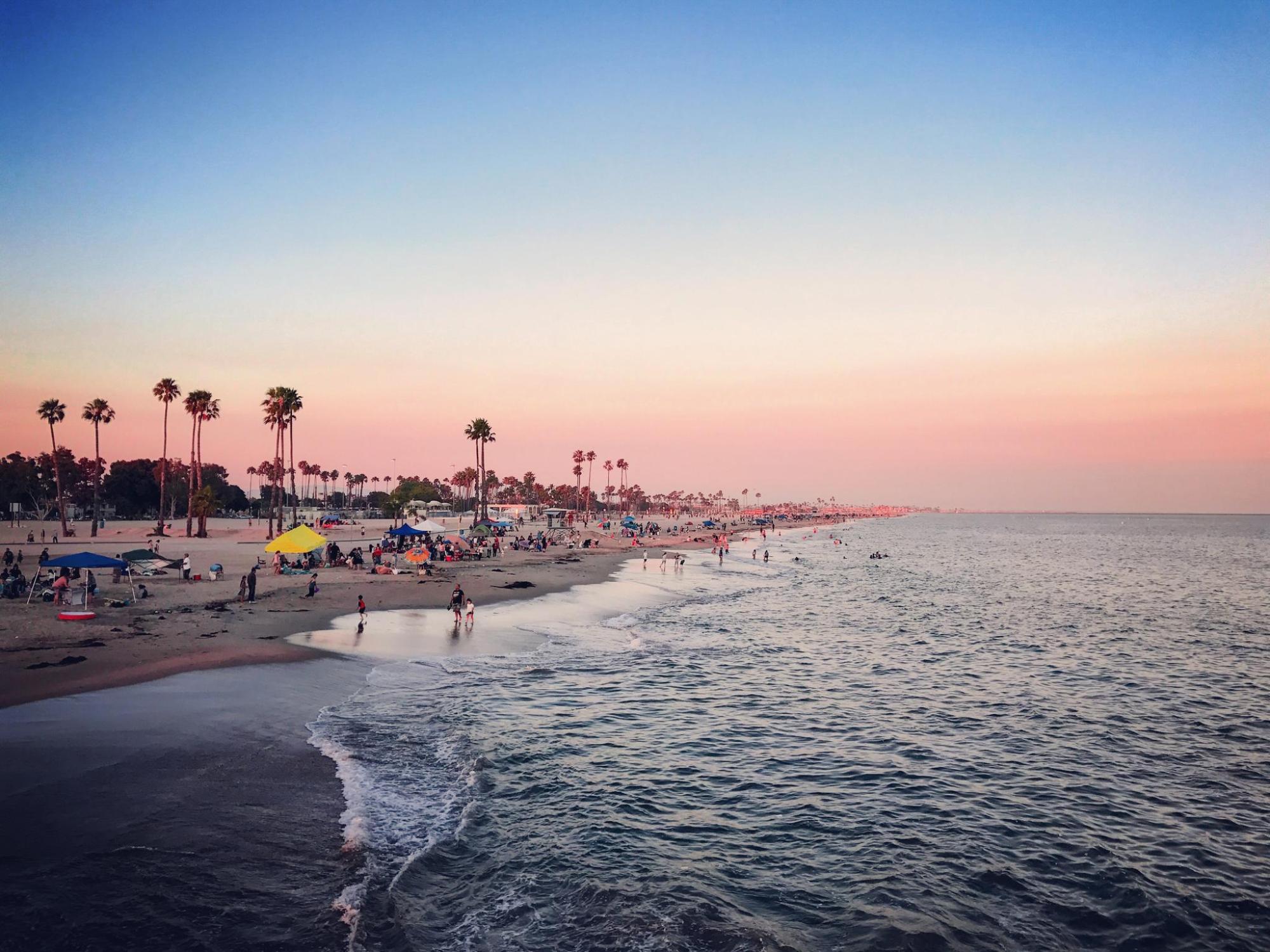 Crowded beach with palm trees and ocean at sunset