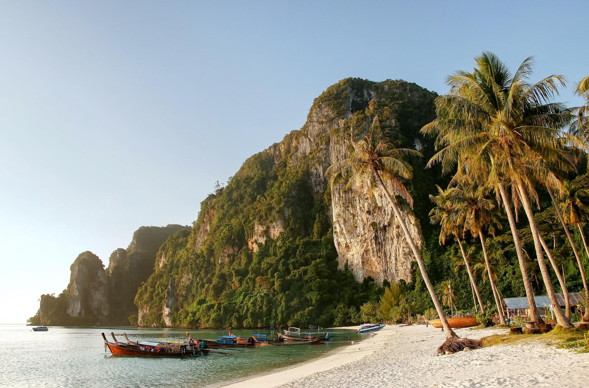 Longtail boats moored on a tropical beach.