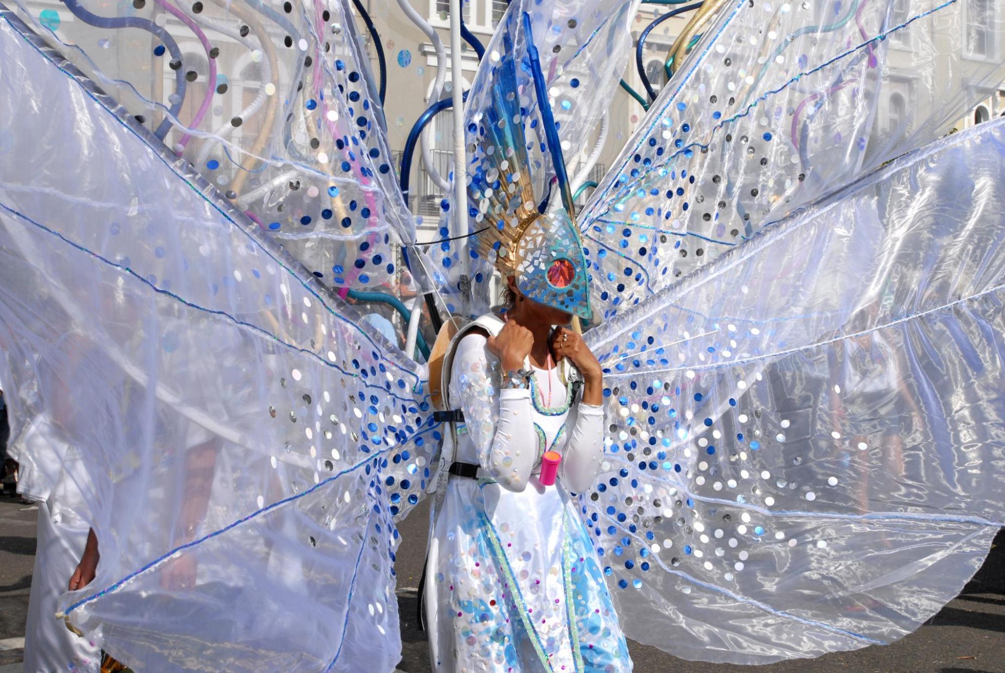 Performer wearing a colourful butterfly-inspired costume.