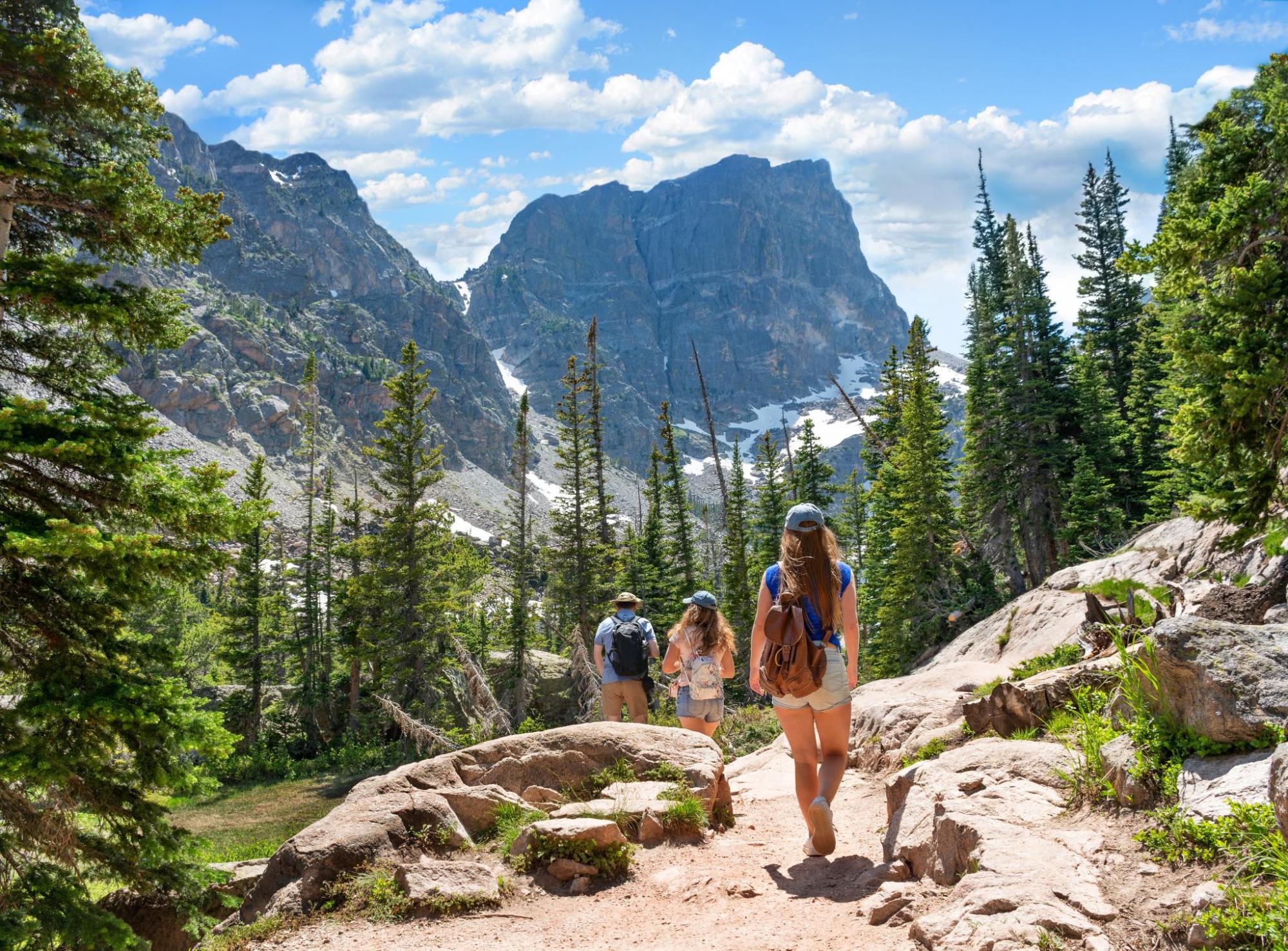 Hikers on a mountain trail in Rocky Mountain National Park.
