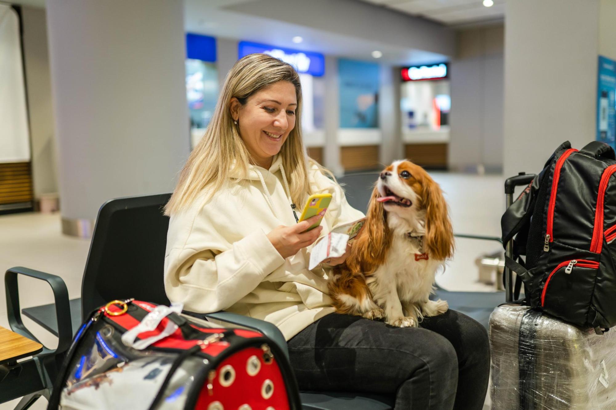 Woman sits with her dog while waiting for their flight 