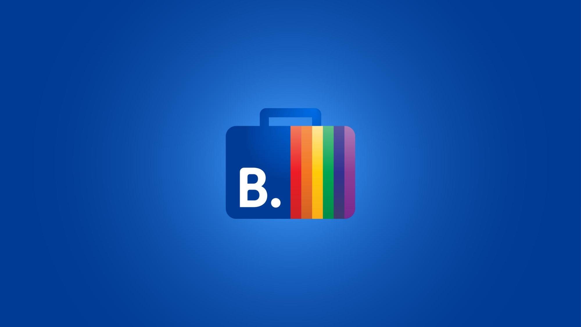 A blue suitcase icon featuring a white capital letter 'B' followed by a full stop on its left, with the right side of the suitcase styled in vertical rainbow stripes, centred against a blue background