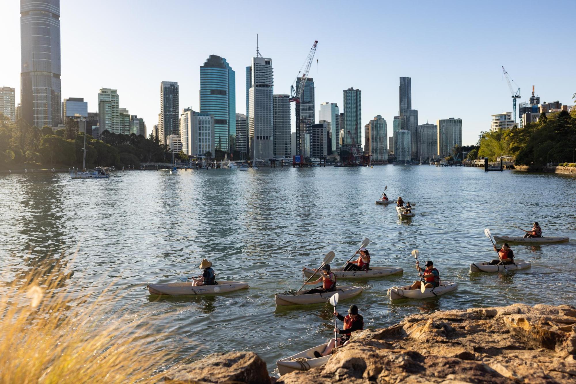 A group of kayakers paddle along Brisbane river