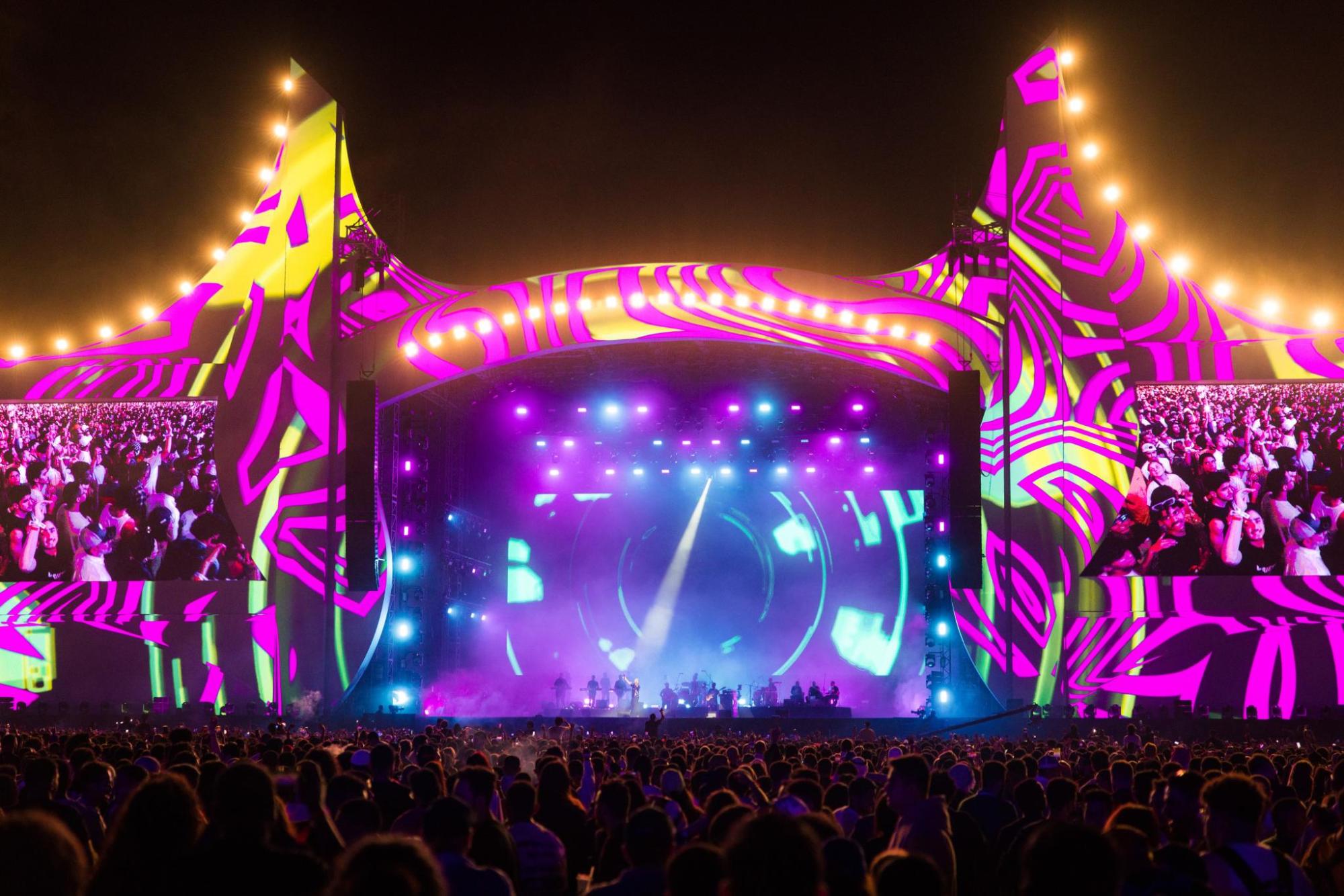 Neon-lit concert stage at the Saudi Arabian Grand Prix.
