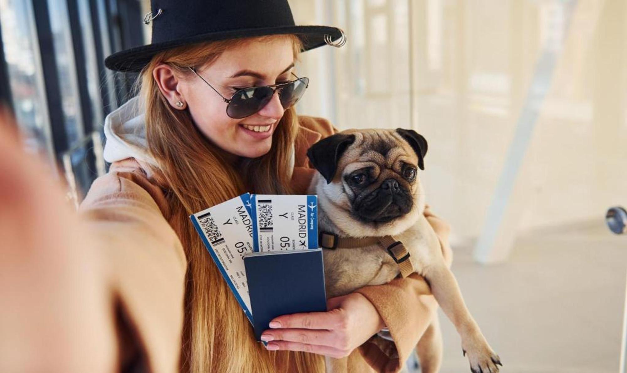 Frau mit Sonnenbrille und Hut hält zwei Flugtickets und einen Mops im Arm